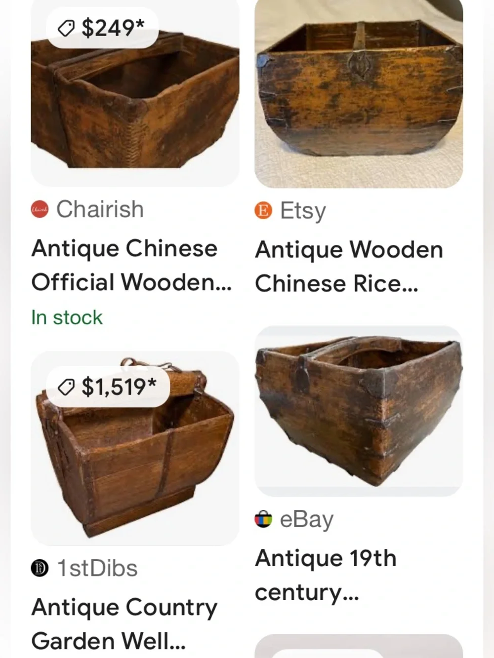 Antique Chinese Wooden Rice Measure Basket w/Handle and rustic metal accents